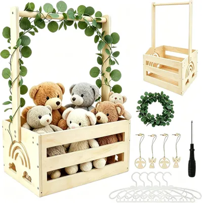 Imagen del producto de Cesta de madera para bebé con asa – Regalo para baby shower – Ideal para recién nacidos – Para niñas – Práctica cesta para bebé – Cesta personalizable con perchas para ropa