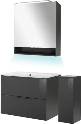 Produktbild von Fackelmann LUNA Badmöbel Set 5-teilig, 80 cm breit, Anthrazit, Glas Weiß+Spiegelschrank+Midischrank