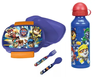 Produktbild von Paw Patrol Chase Marshall 4 tlg Kinder Set Brotdose Alu-Trinkflasche Besteck