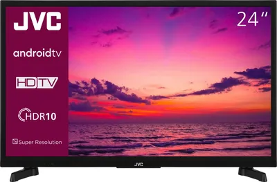 A television screen displaying a sunset over the ocean, with brand and feature information on the left side.