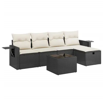 Produktbild von 6-tlg. Garten-Lounge-Set, modular, Poly Rattan Schwarz, Stahlrahmen, Hartglas-Tischplatte, Cremeweiße Kissen, UV-beständig