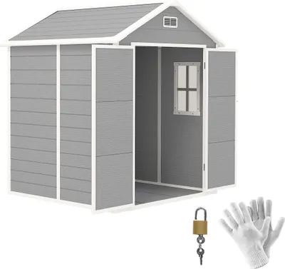 A grey garden shed with white trim and double doors, shown with a padlock and gloves in the foreground.