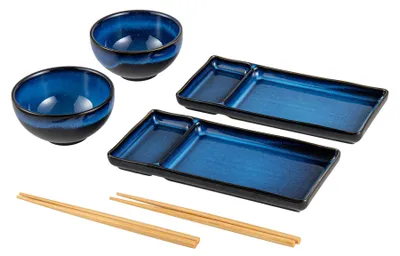 Sushi-Serviesset 6-teilig, marineblau, Keramik, 2 Teller + 2 Schalen + Stäbchen