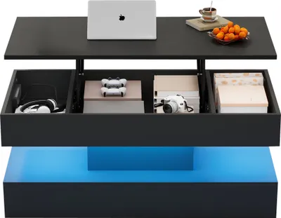 Produktbild von STILVORA 100x50x42 cm Hochglanz-Couchtisch Hydraulischer Lift-Kaffeetisch mit verstecktem Stauraum,Wohnzimmertisch mit LED-Beleuchtung,Schwarz