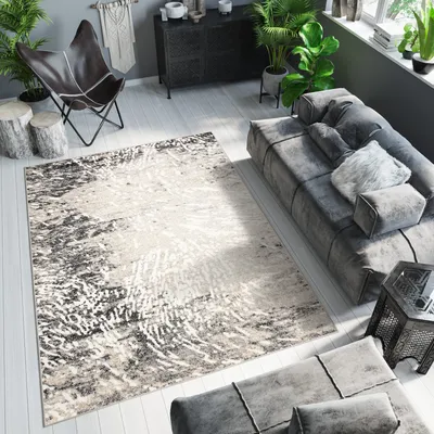 Produktbild von Teppich Kurzflor Modern Grau Creme Meliert Wohnzimmer Schlafzimmer 3D  80 x 150 cm