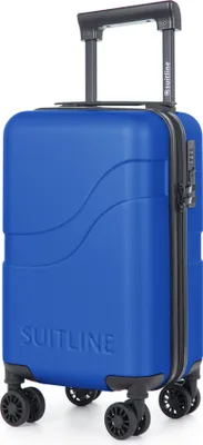 A blue suitcase with a telescopic handle and four wheels, shown from a front-diagonal angle against a white background.