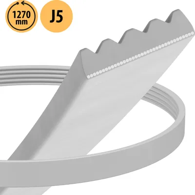 A close-up, angled view of a ribbed drive belt, with circular labels indicating size and type.