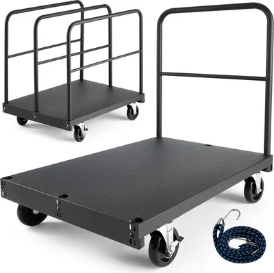 Produktbild von Plattenwagen/Plattenkarre - 2-in-1 Transportwagen - Traglast 816 kg - 360° Lenkrollen - 4 Seitliche Handläufe - Maße 91,4 x 61 x 85,8 cm - Schwarz