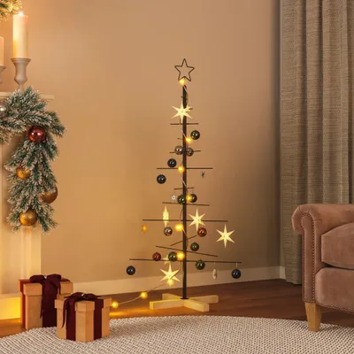 Produktbild von The Living Store Weihnachtsbaum Metall mit Holzständer Schwarz 120 cm