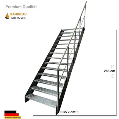Immagine prodotto di Scala a pioli in acciaio Gradini a griglia 14 gradini Ringhiera a destra - Pioli zincati e verniciati a polvere color antracite - (L x A x P) 60 x 266 x 272 cm