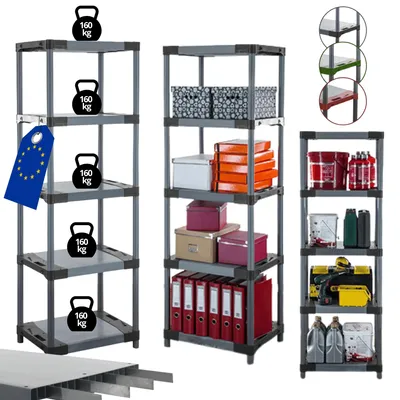 Produktbild von MODO24 Kunststoffregal, 5 Ablagen, 160kg/Boden, Schwerlast, Steckregal, Lagerregal, Plastikregal, Werkstatt, 180x80x46?cm, Grau, TYTAN