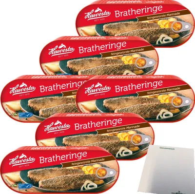 Produktbild von Hawesta Bratheringe in feingewürzter Marinade 6er Pack (6x500g Dose) + usy Block