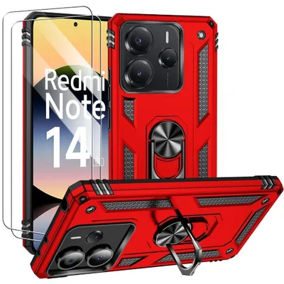 Image de Coque pour Xiaomi Redmi Note 14 5G (pas pour 4G) Protection Rigide avec Anneau Arrière Rouge + 2 Verres Trempés