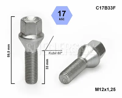 Obrázok produktu pre Skrutka kolesa M12x1,25x33 s kužeľom, kľúč 17, C17B33F, výška 59,5 mm