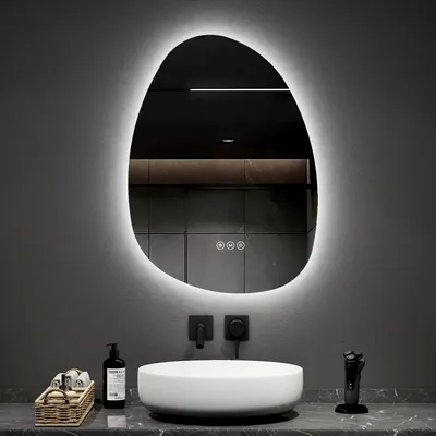 Image de EMKE Miroir de salle de bain LED avec interrupteur tactile, Miroir sans cadre avec éclairage, Asymétrique, antibuée, 3 couleurs de lumière réglables, 65 x 45 cm