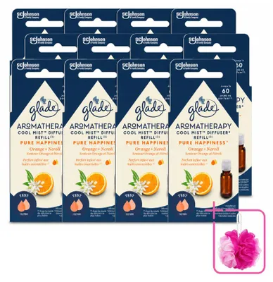 Imagen del producto de 12 unidades de recambio de ambientador Glade Aromatherapy, línea "Pure Happiness", con aroma a naranja y neroli, de 17,4 ml cada uno. Pack económico