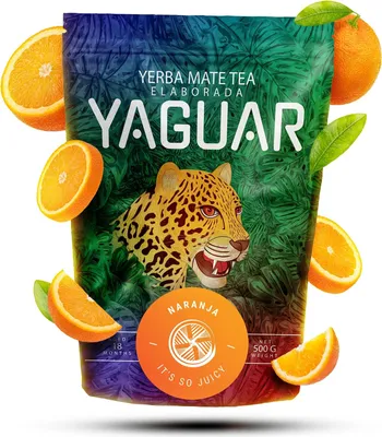 Image de Yaguar - Thé maté à l'orange 500 g - Aromatisé aux écorces d'orange - Séché à l'air libre - Doux, peu de poussière - Yerba maté du Brésil - Vieilli pendant 18 mois