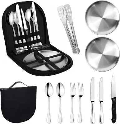 Produktbild von Camping geschirrset 12-teilig, 2 Personen, Edelstahl, für Camping