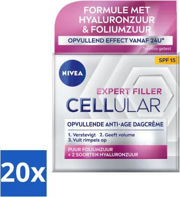 Produktbild von NIVEA – CELLular Expert Filler Tagescreme – Anti-Aging Gesichtscreme – LSF 15 – Mit Hyaluronsäure, Kreatin & Folsäure – 50 ml - Vorteilspack - 20 Stücke