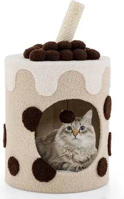 Produktbild von GOPLUS Katzenhaus Milchteeform, Multifunktionale Katzenhöhle mit waschbaren Kissen Sisalpfosten & Spielball, Kratztonne für Katzen zum Schlafen & Spielen, 37x37x67cm(Kaffee)