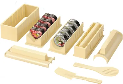 Produktbild von Sushi-Maker-Set, All-in-One-Sushi-Set, 12-teilig, komplettes Sushi-Herstellungswerkzeug mit 8 verschiedenen Formen von Sushi-Reisrollenform, DIY-Sushi-Haushaltswerkzeug, Cremeweiß