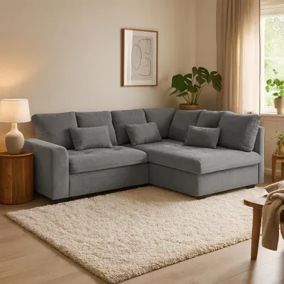 Obrázek produktu pro BEAUTYSOFA | Rohová pohovka RAMO 229 cm, rohová pohovka s funkcí spaní 160x200 cm, moderní rozkládací pohovka v šedé barvě, včetně matrace