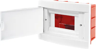 A white electrical distribution box with its door open, revealing a red interior.