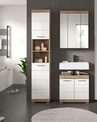 Produktbild von Badezimmer-Set Wave | weiß Hochglanz / Nox Oak | 3-teilig | ohne Aufsatzleuchte