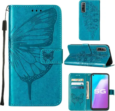 Obrázek produktu pro VIVO Y51S 5G Pouzdro, Motýlí Reliéf Flip Kožené Pouzdro s Kapsami na Karty a Stojánkem pro VIVO Y51S 5G / Y70S / IQOO U1 modré