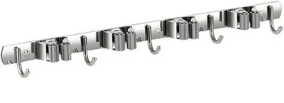 Image de Support pour accessoires RVS - 5 crochets et 4 pinces - 49 cm - Support pour outils de jardin - Adhésif ou à visser - Pour la maison, la cuisine, le garage, le jardin, la buanderie et la salle de bains