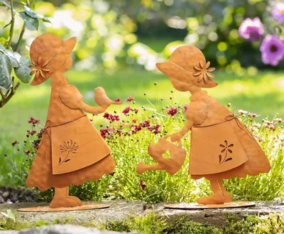 Produktbild von 2x Garten Dekofigur "Mädchen" aus Metall in Rost Optik, Gartenfigur, Rostdeko, Gartendeko für Draußen