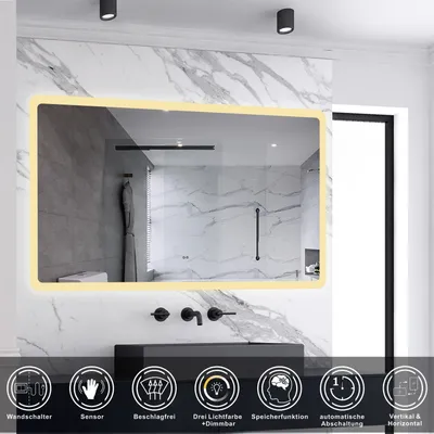 Produktbild von AICA Badspiegel mit Beleuchtung 100x60cm Sensor-Schalter Beschlagfrei Kalt/Neutral/Warmweiß dimmbar Memory-Funktion LED Wandspiegel IP44