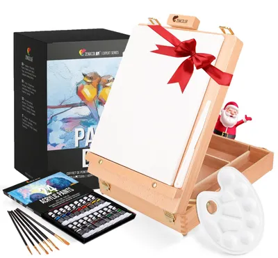 Produktbild von Acrylfarben Set Malset Künstlerset - 24 Farben - Staffelei - 6 Pinsel - 24 x 30 cm Leinwand