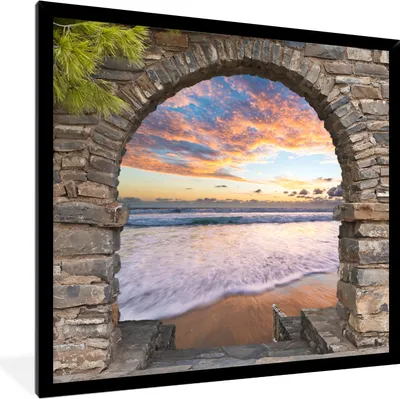 Produktbild von MuchoWow® Gerahmtes Poster Abend - Meer - Strand - Aussicht 40x40 cm - Poster mit Schwarzem Bilderrahmen Wandposter Rahmen Foto Bilder - Mit Rahmen - Wanddekoration Schlafzimmer
