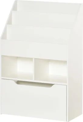 Obrázek produktu pro Dětský regál - Úložný regál - 3 přihrádky - 2 boxy - Zásuvka - Kolečka - Bílý