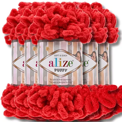 Produktbild von Alize 5x 100g Puffy Wolle, Uni, Häkeln, Stricken (Red - 56)