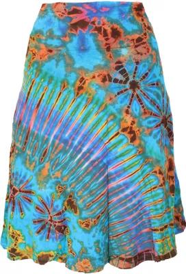 Productafbeelding van Uniek batik hippie midi-rok, zomerjurk, knielengte, top - turquoise/kleurrijk, dames, meerkleurig, viscose, elastaan, rokken