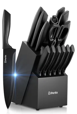 Immagine prodotto di Set di coltelli da cucina in acciaio inossidabile, 15 pezzi, con base in legno, rivestimento antiaderente, colore nero
