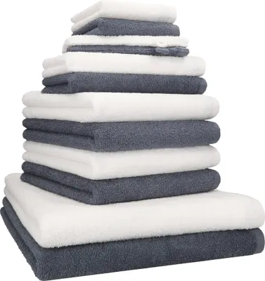 Produktbild von Betz Berlin Handtuch-Set 12-teilig – 100% Baumwolle –® - 360g/m²-Duschtücher, Handtücher, Gästetücher, Waschhandschuhe Farbe dunkelgrau - weiß