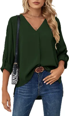 Image de ASKSA Chemisier Femme Mousseline Elégant Col V Chemise Manches Longues Business Casual Tops, Vert, XXL