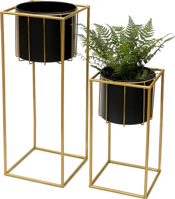 Produktbild von DanDiBo Blumenhocker mit Topf Metall Gold Schwarz Eckig 2er Set Blumenständer 96035 Blumensäule Modern Pflanzenständer Pflanzenhocker