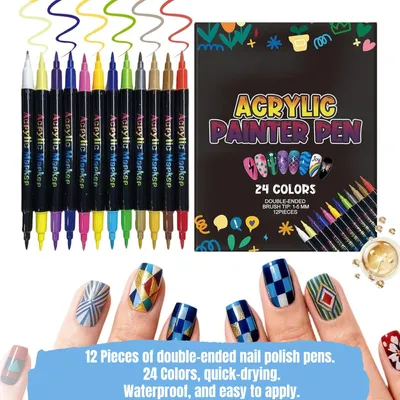 Produktbild von 24 Farben Nageldesign-Stift-Set – 12 doppelseitige Nagellackstifte, Nagelkunst-Marker, schnell trocknend & wasserfest, professionelles Nagelwerkzeug