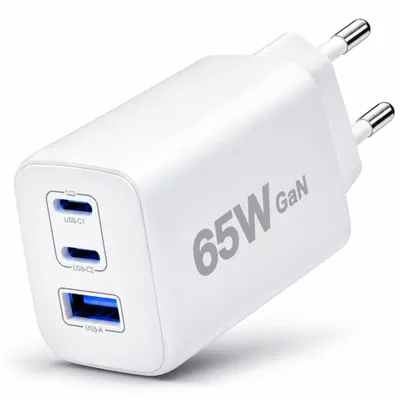 Produktbild von 65W GaN USB-C Ladegerät 3-Port – Schnellladegerät für MacBook, Laptop, iPhone & Samsung Galaxy – USB-C Netzteil
