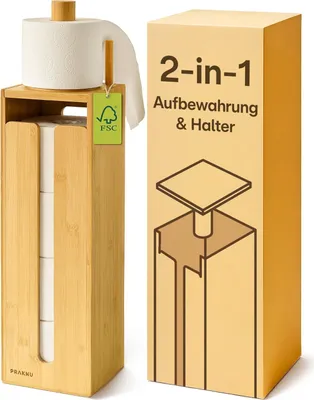 Produktbild von Toilettenpapier Aufbewahrung Bambus - Toilettenpapierhalter Stehend ausHolz mit Magnetdeckel für 4 Rollen Klopapier - Platzsparend - rutschfest
