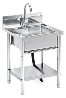 Produktbild von Freistehender Edelstahl-Spültisch 50×50×80 cm – Outdoor Spüle & Gastro Spültisch mit 1 Becken, Spritzschutz, Ablage und Wasserhahn für Kalt- und Warmwasser – Spüle für Küche, Garten und Werkstatt