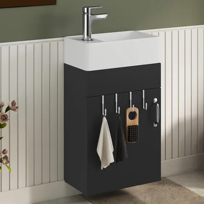 Produktbild von Waschtischunterschrank mit Waschbecken Badezimmerschrank Aufbewahrungsschrank, 4 Haken, für Badezimmer & Küche, Schwarz