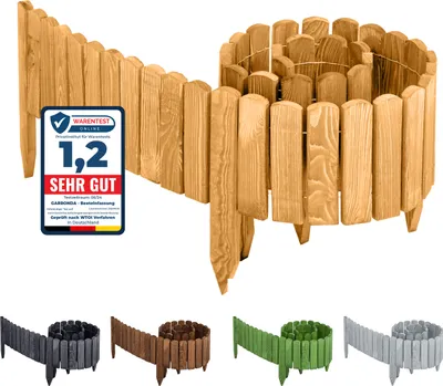 A wooden garden border fence is shown in various colors, with a close-up of the natural wood version and a seal of approval.