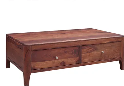 A wooden coffee table with two drawers against a white background.