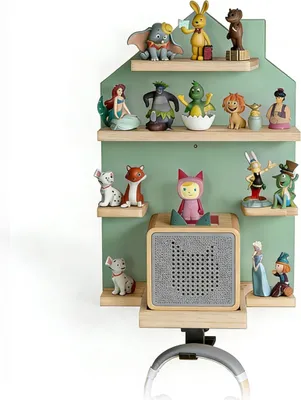 Zdjęcie produktu dla Półka Relaxdays Toniebox, magnetyczna, na odtwarzacz audiobooków i 32 figurki Tonies, w kształcie domku, wymiary: 43 x 28 x 17 cm, półka na figurki Tonies, kolor szałwiowy