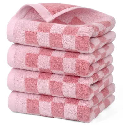 Produktbild von Set von 4 Weichen Baumwollhandtücher mit Rosa Karomuster